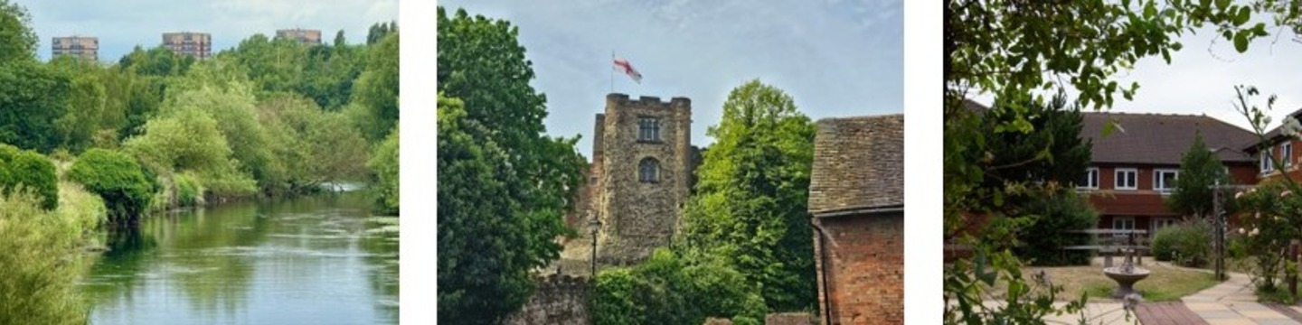Three images of Tamworth. One of the river, one of the Castle and one of a housing complex